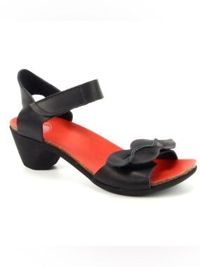 Black Ankle-Strap Sandal with Red Insole and Bow Accent